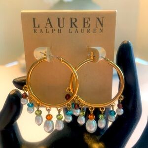 LAUREN DANGLE PEARL & COLORED CRYSTAL PIERCED GOLDTONE EARRINGS